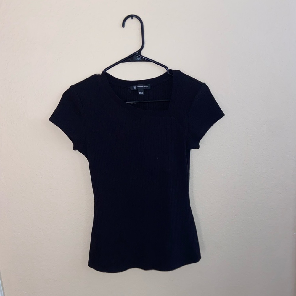 INC black slim tight dark stretch top short sleeve shirt blouse baby formal tee
